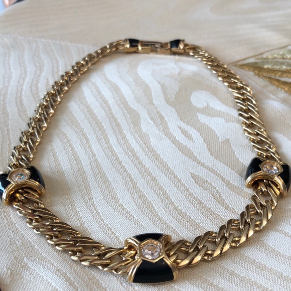 Gold tone & black enamel and rhinestone necklace - Picture 4 of 10